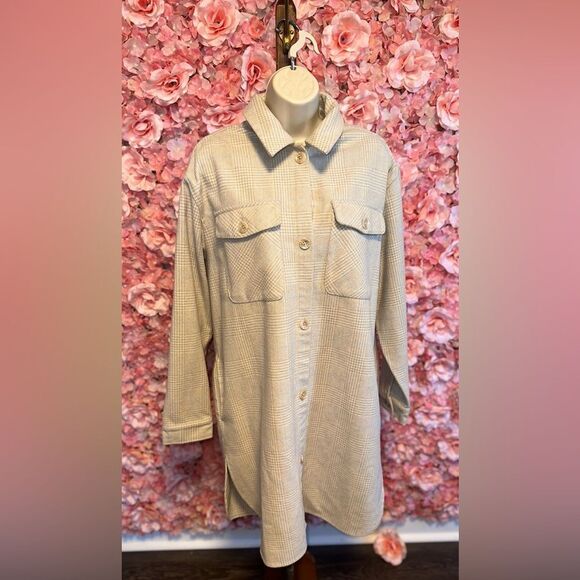 C By One (XL) Neutral Plaid Button Up Wool Trench Coat - Picture 1 of 11